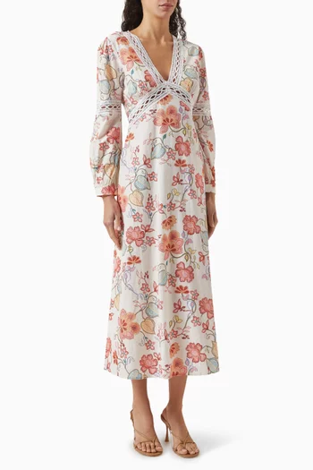 Floral-print Midi Dress in Cotton Cambric