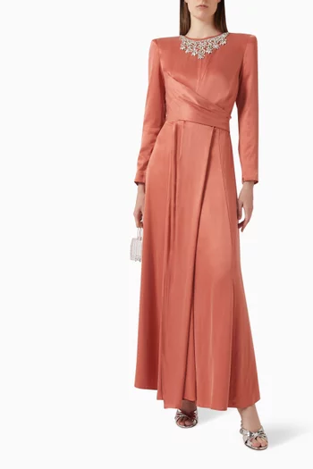 Portia Embellished Necklace Maxi Dress in Satin