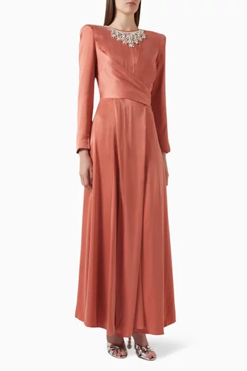 Portia Embellished Necklace Maxi Dress in Satin