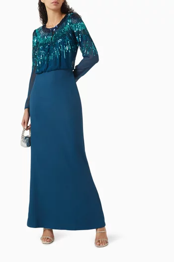 فستان سهرة مطرز بالترتر قماش جورجيت وكريب