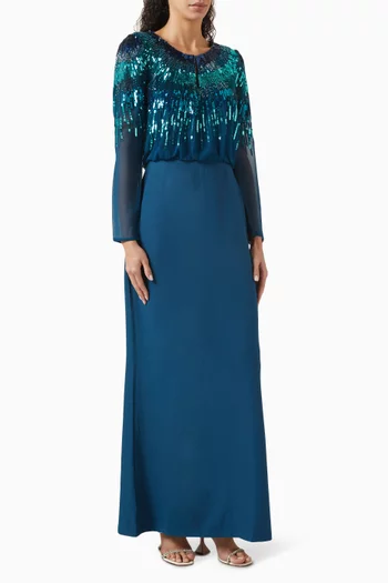 فستان سهرة مطرز بالترتر قماش جورجيت وكريب