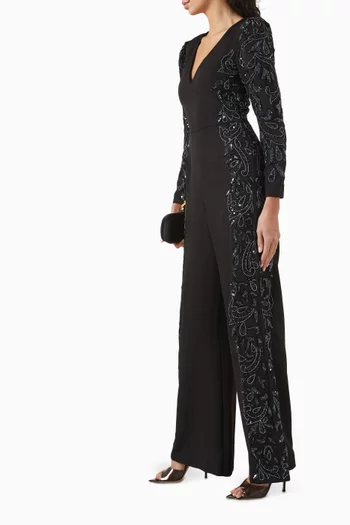 Embellished V-neck Jumpsuit in Crepe