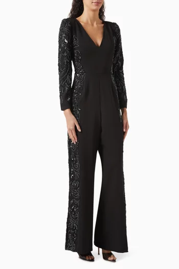 Embellished V-neck Jumpsuit in Crepe