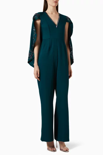 Embellished Cape Jumpsuit in Crepe