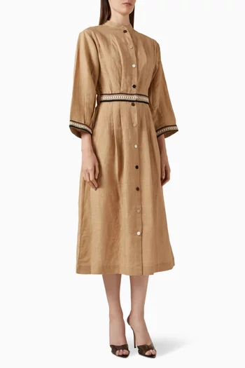 Crochet-trim Midi Dress in Linen-blend