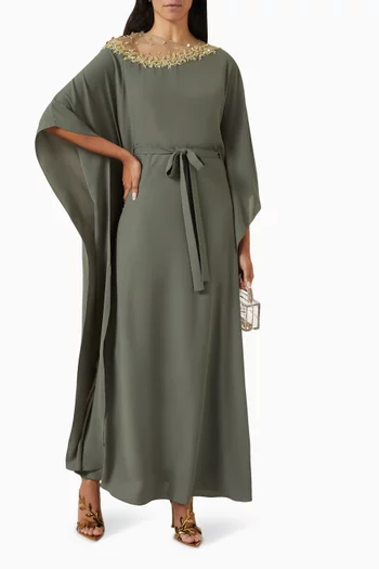 Embellished Belted Kaftan in Crepe