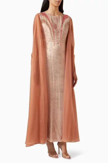 Embroidered Cape-sleeve Maxi Dress in Metallic Crepe