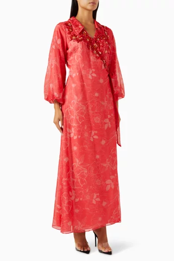 Embellished Wrap Maxi Dress in Cotton-linen Blend