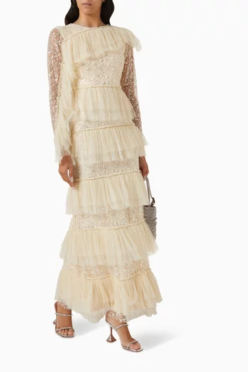 Sequin-embellished Frilled Maxi Dress in Tulle