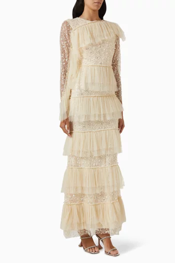 Sequin-embellished Frilled Maxi Dress in Tulle