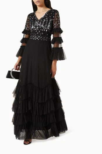 Ruffled Embellished Maxi Dress in Tulle