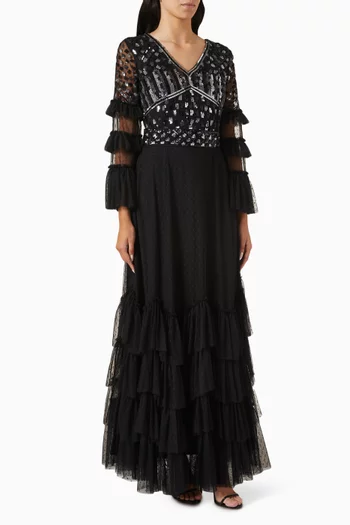 Ruffled Embellished Maxi Dress in Tulle