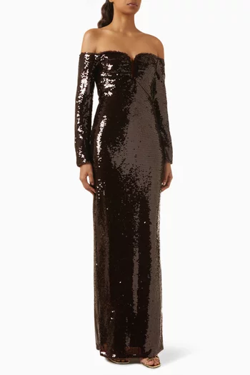 Off-shoulder Sequin-embellished Maxi Dress
