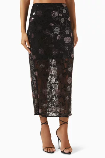 Floral Sequin-embellished Midi Skirt in Lace