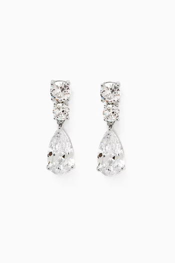 Pear and Round CZ Drop Earrings in Rhodium-plated Brass