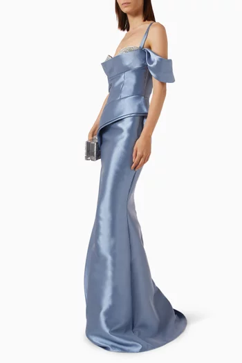 فستان سهرة بصدرية مطرزة بالخرز تفتا