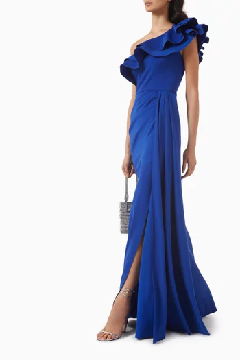 One-shoulder Ruffled Gown in Stretch-crepe