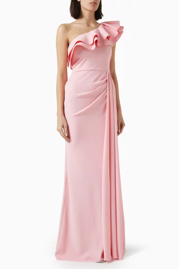 One-shoulder Ruffled Gown in Stretch-crepe