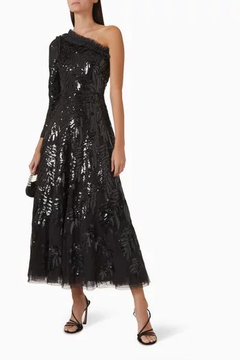 Feather Sequin One-shoulder Gown in Tulle