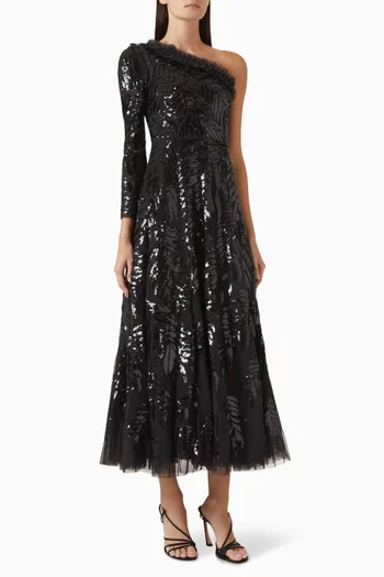 Feather Sequin One-shoulder Gown in Tulle
