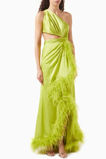 One-shoulder Feather-trim Gown