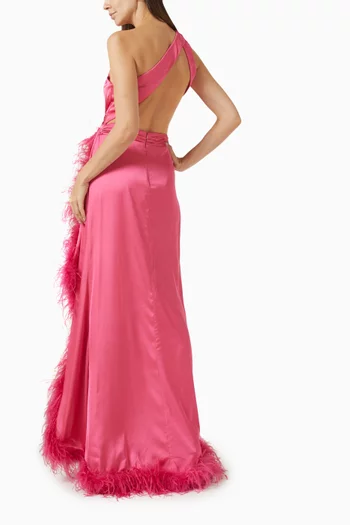 One-shoulder Feather-trim Gown
