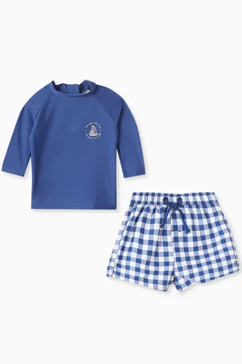 Marine Gingham-print Rashguard & Shorts Set