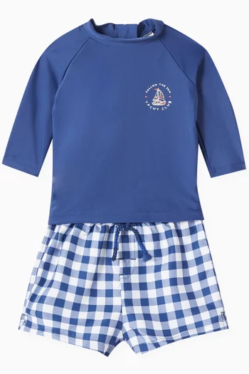 Marine Gingham-print Rashguard & Shorts Set
