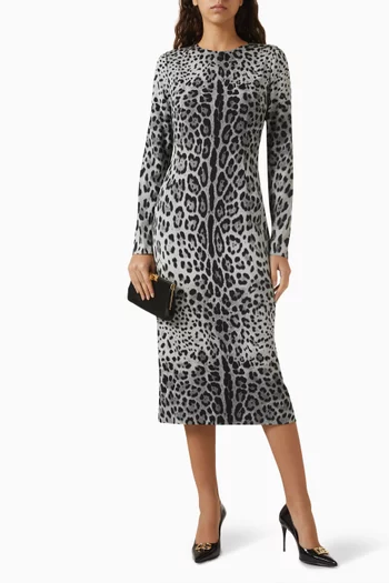 Leopard-print Sheath Midi Dress in Stretch Silk Charmeuse