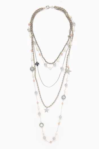Crystal & Pearl Necklace in Silver-plated Brass
