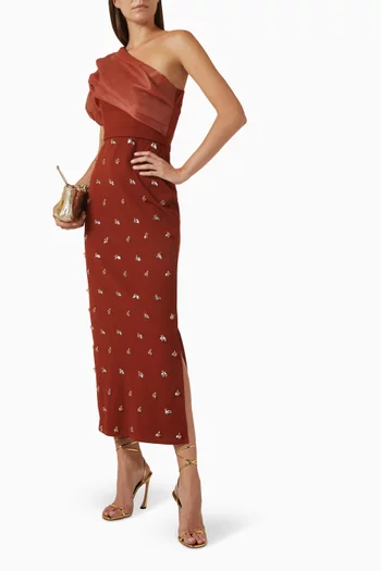 Embellished Midi Dress in Crepe & Organza