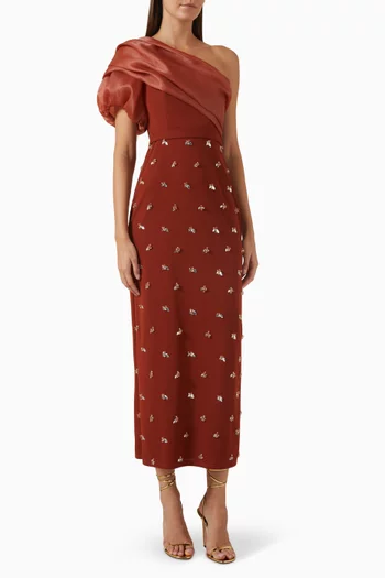Embellished Midi Dress in Crepe & Organza