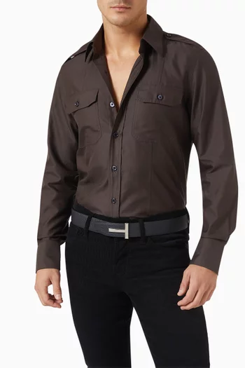 حزام بوجهين بإبزيم على شكل حرف T جلد عجل