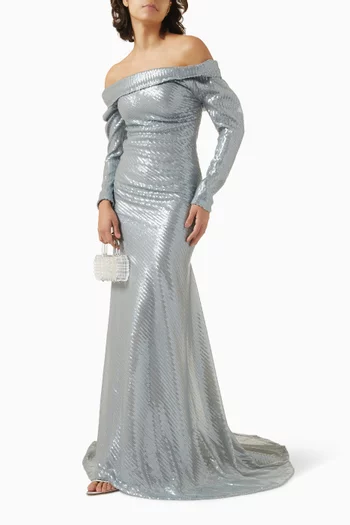 Off-shoulder Sequin-embellished Gown