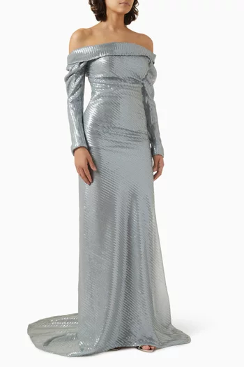 Off-shoulder Sequin-embellished Gown