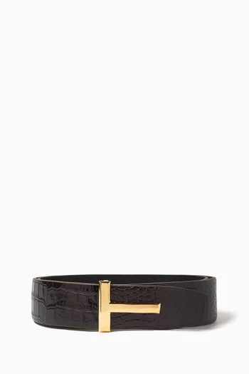 T-buckle Belt in Croc-embossed Leather