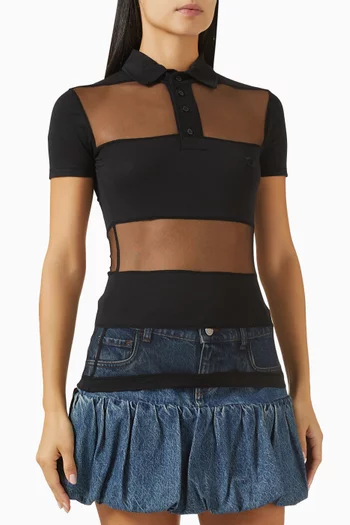 بلوزة شفافة مخططة بياقة بولو مزيج قطن