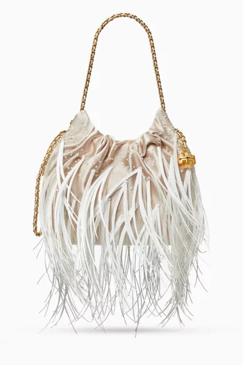 Mini Fleming Feather Drawstring Bag in Satin