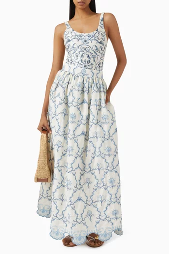 Tangelo Embroidered Maxi Skirt in Linen