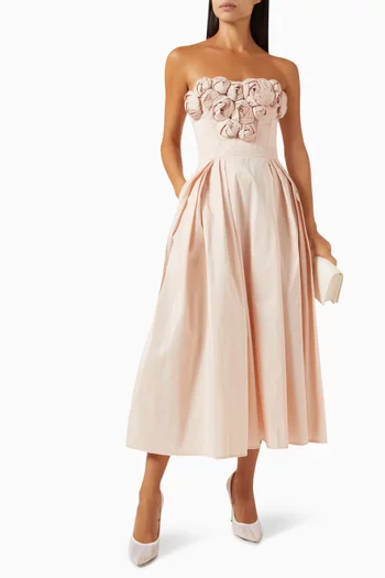 Embroidered Rose Strapless Maxi Dress in Gabardine