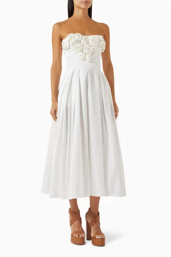 Embroidered Rose Strapless Maxi Dress in Gabardine