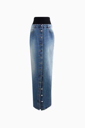 Knit-waistband Maxi Skirt in Denim