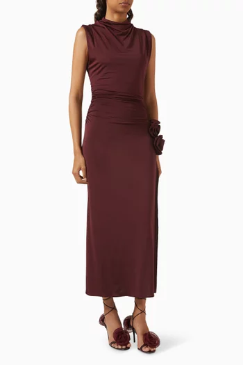 فستان متوسط الطول بدرابيه فيسكوز مطاطي