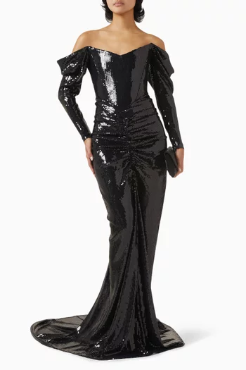 Off-shoulder Sequin Gown