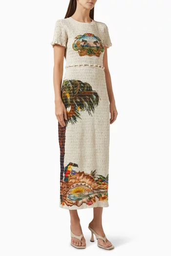 Trips Shirred Midi Dress in Cotton