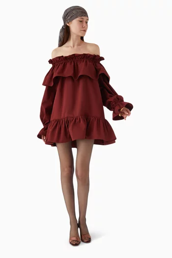 Ruffled Off-shoulder Mini Dress in Cotton Twill