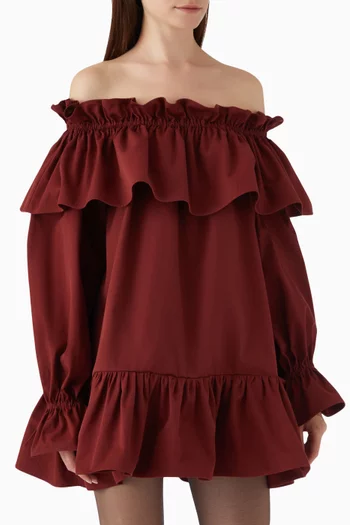 Ruffled Off-shoulder Mini Dress in Cotton Twill