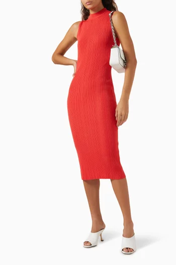 Mock Neck Midi Dress in Ribbed-knit