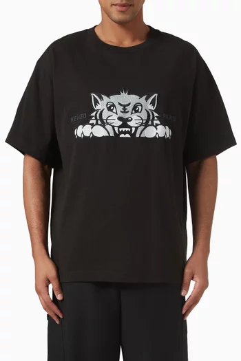 Happy Tiger Embroidered Oversized T-shirt in Cotton