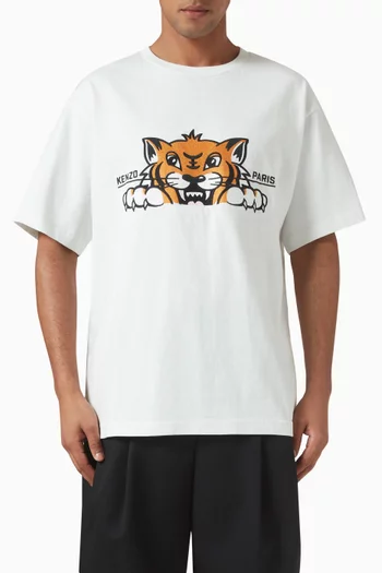 Happy Tiger Embroidered Oversized T-shirt in Cotton
